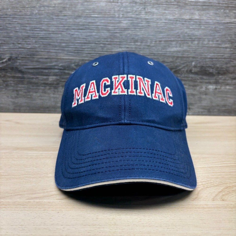 Vintage Mackinac Island Michigan Hat Cap Strap Back Blue Souvenir Great Lakes